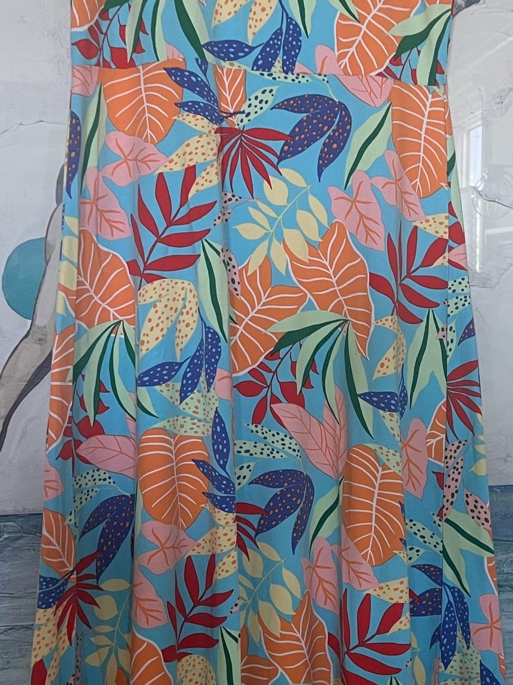 Talbots Blue Tropical Leaf Maxi Dress with Coral and Navy Accents